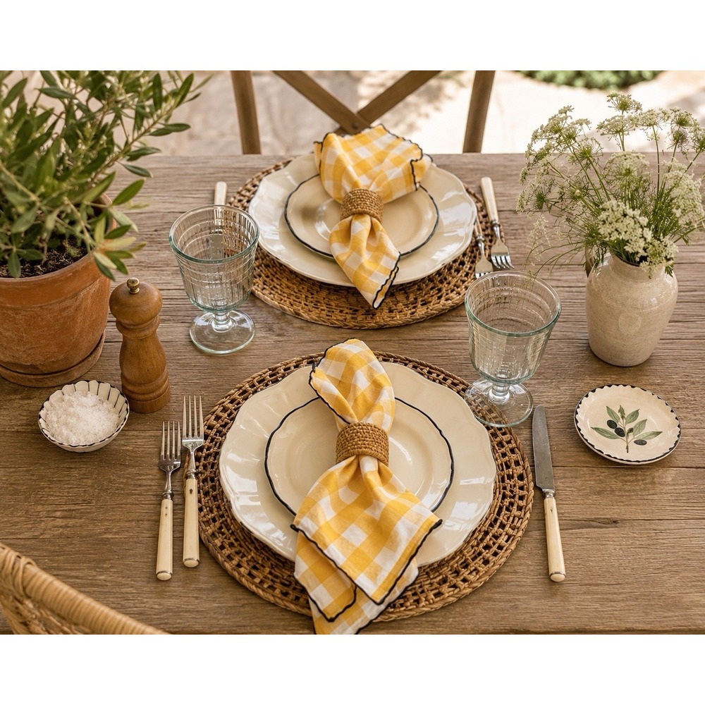 Maison de Vacances Yellow Gingham Linen Cotton Napkins Set of‎ 2 17x17